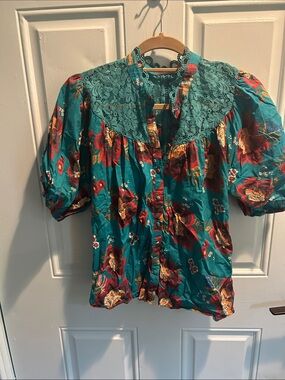 Farm Rio Teal Floral Lace Yoke Button-Up Blouse